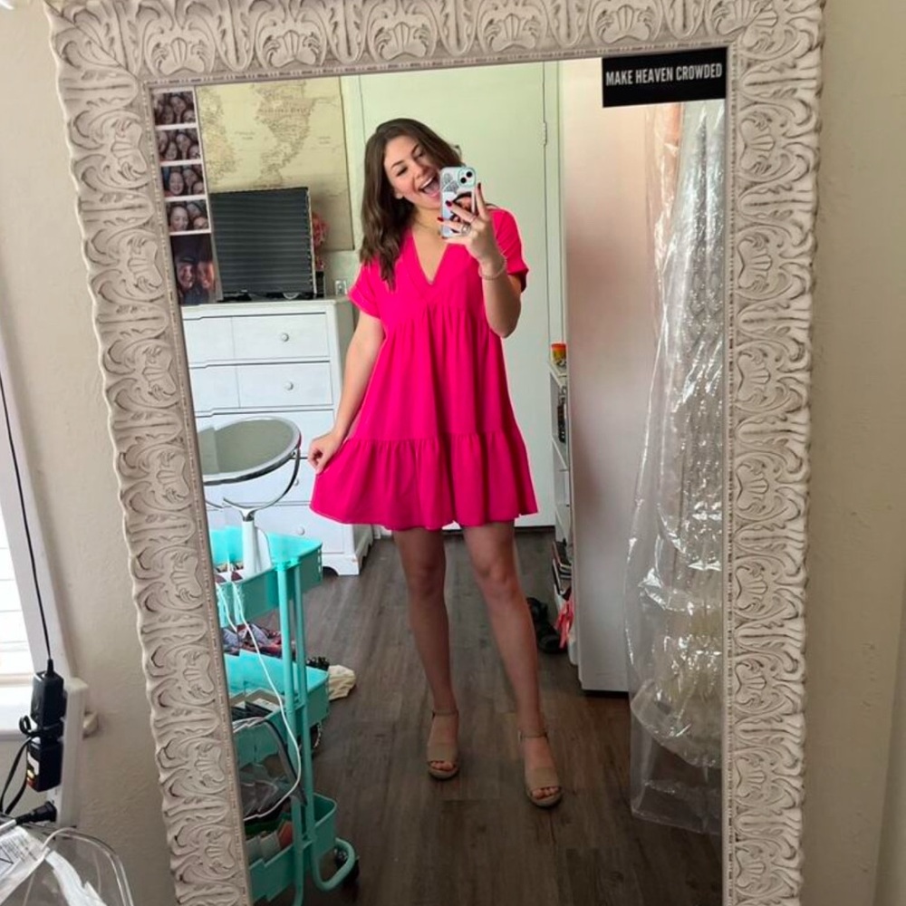 Roll Cuff Ruffle Hem Solid Dress - Picture 3 of 3